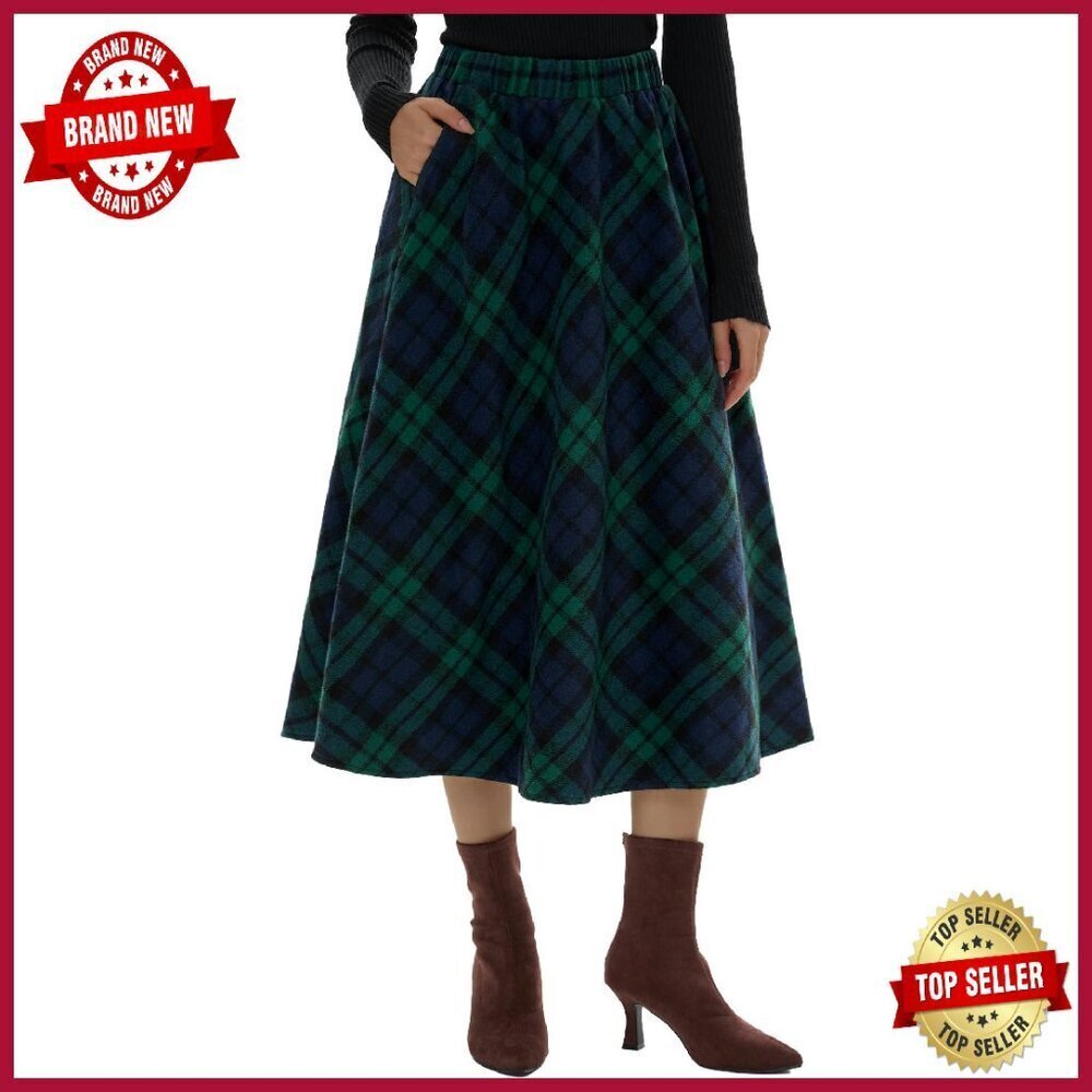 Women's Long Plaid Wool Skirt High Waisted A-Line Pleated with Pockets Medium